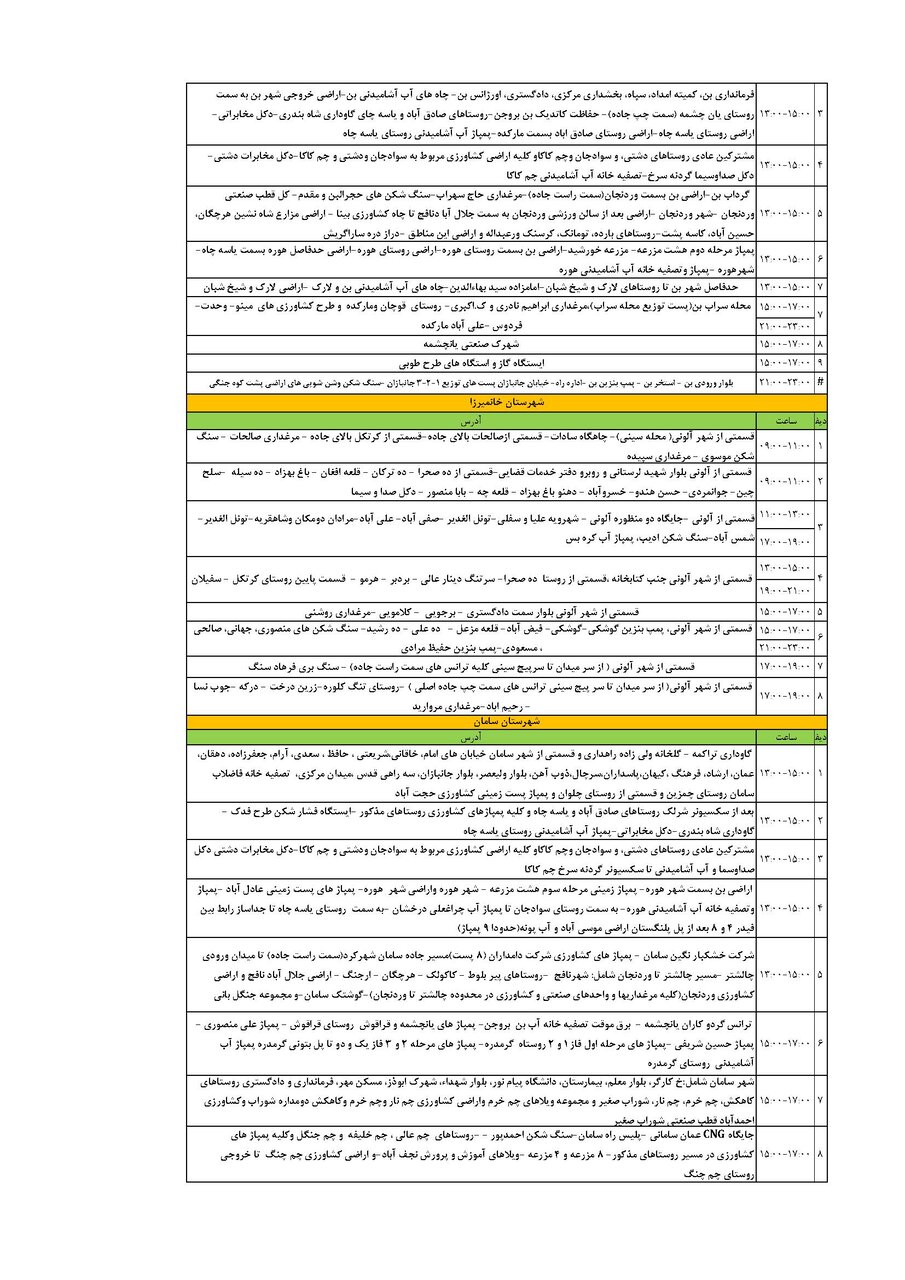 برنامه قطعی برق چهارمحال و بختیاری شنبه ۱۵ شهریور + جدول
