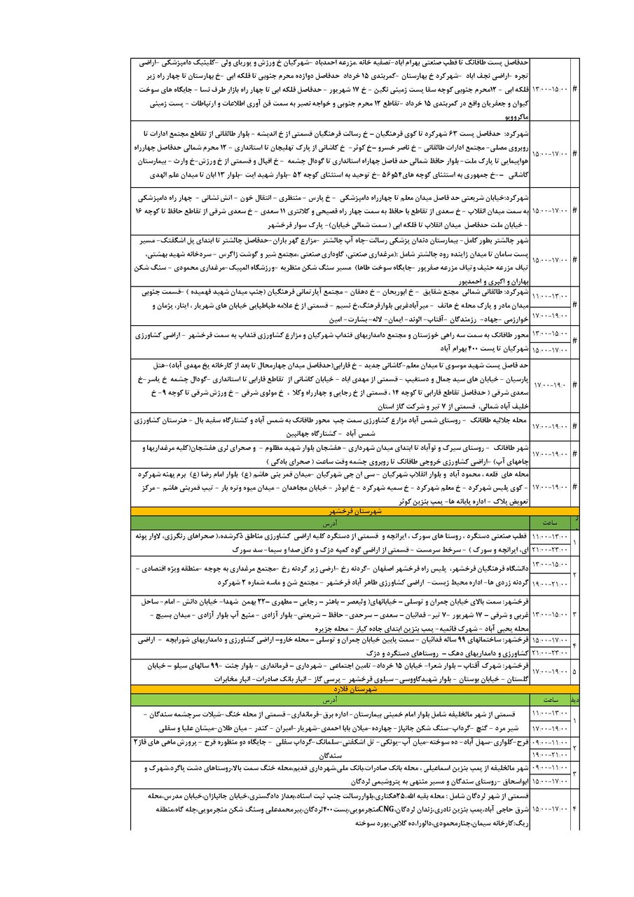 برنامه قطعی برق چهارمحال و بختیاری شنبه ۱۵ شهریور + جدول
