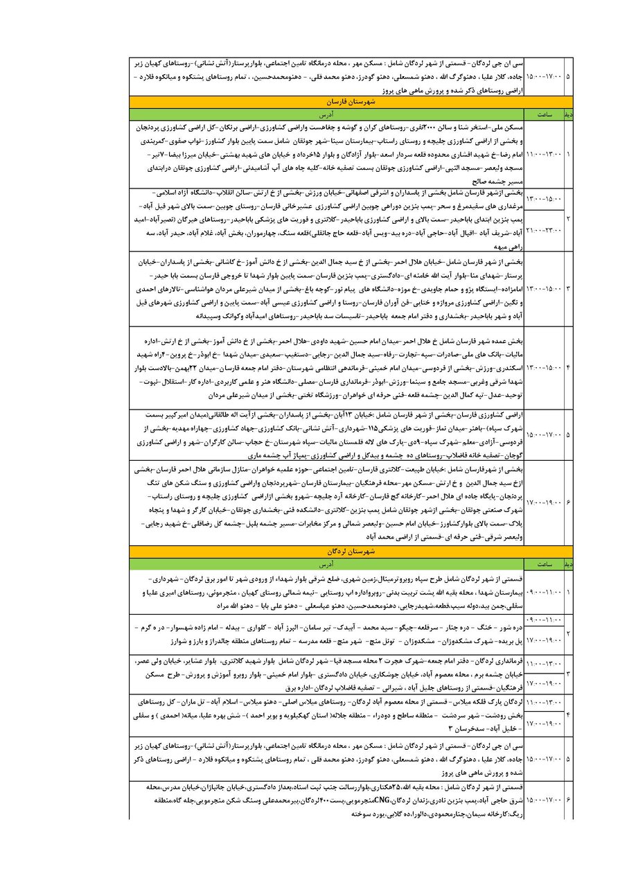برنامه قطعی برق چهارمحال و بختیاری شنبه ۱۵ شهریور + جدول