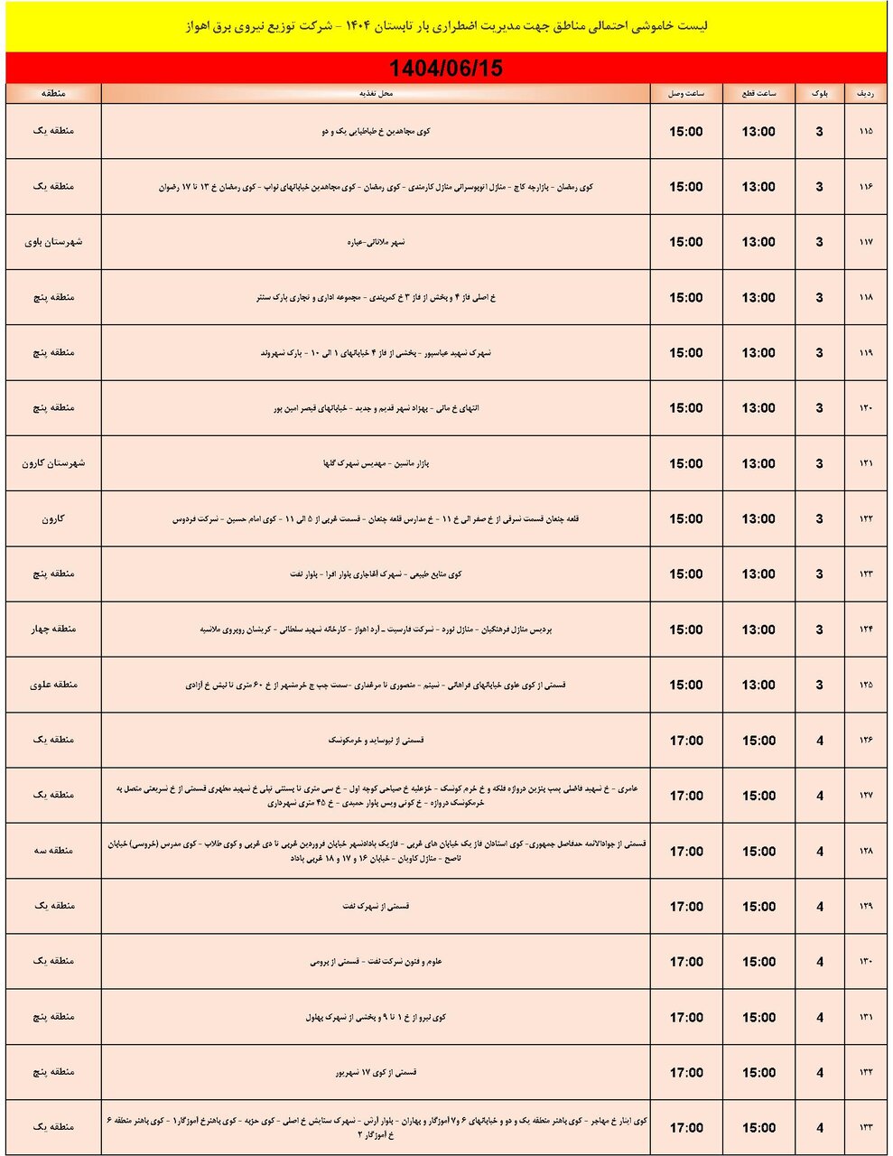 جدول خاموشی جدول خاموشی