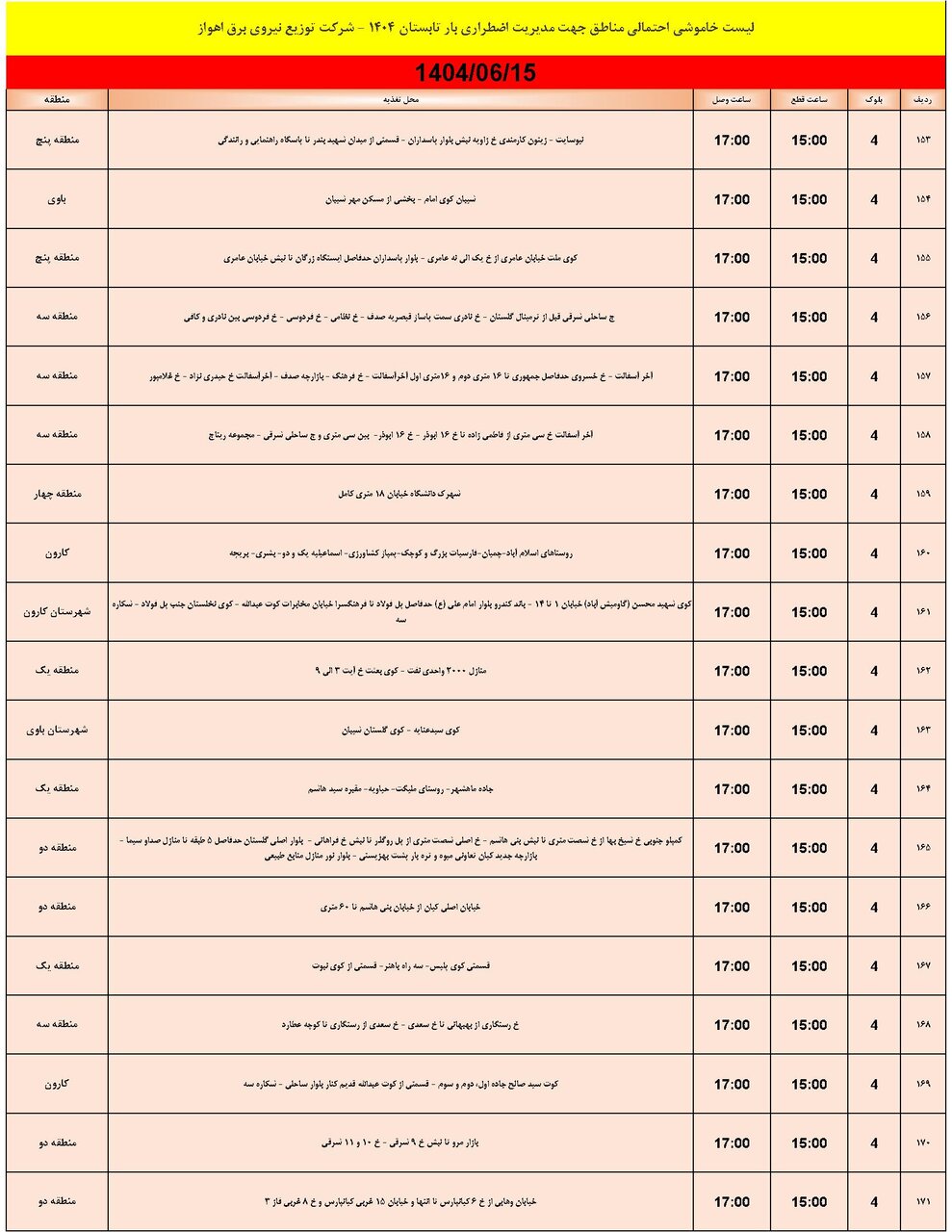 جدول خاموشی جدول خاموشی