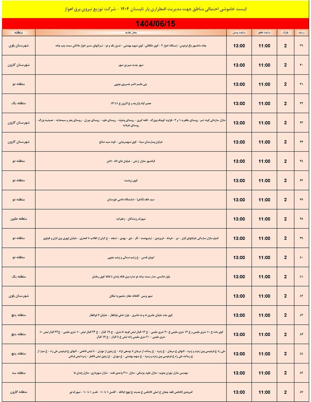 جدول خاموشی جدول خاموشی