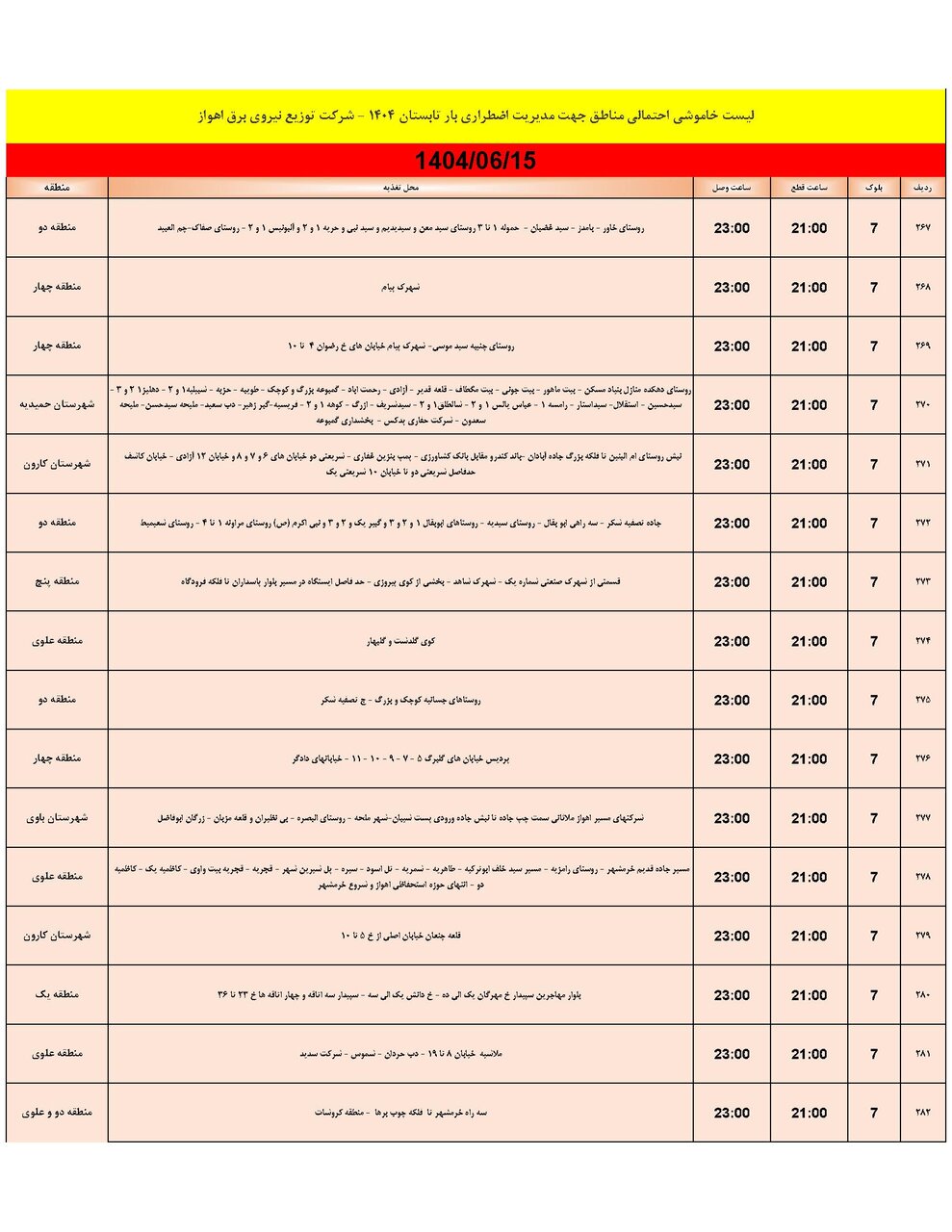 جدول خاموشی جدول خاموشی