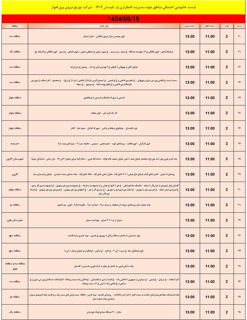 جدول خاموشی جدول خاموشی