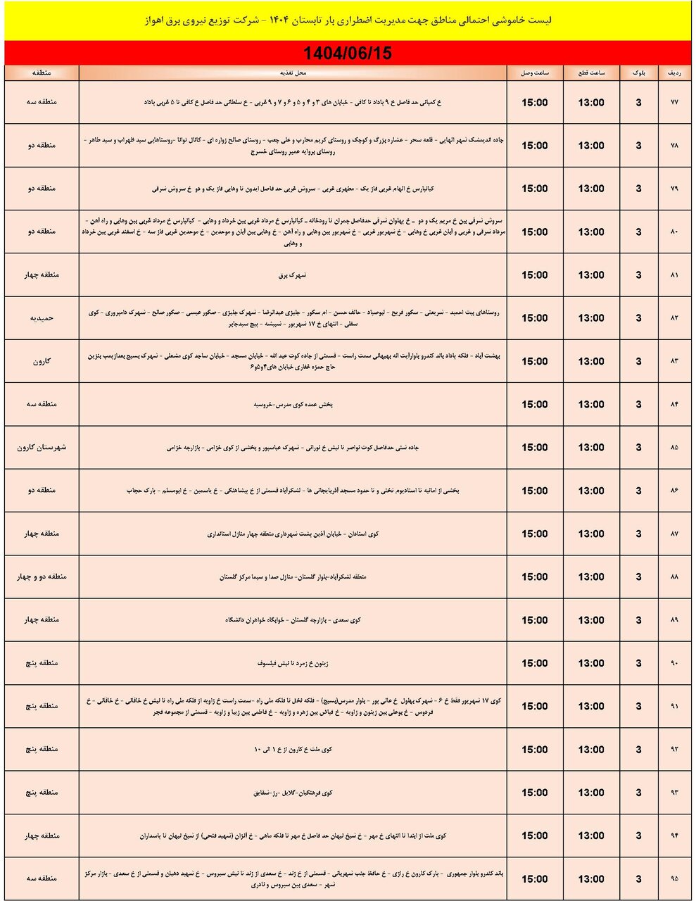 جدول خاموشی جدول خاموشی