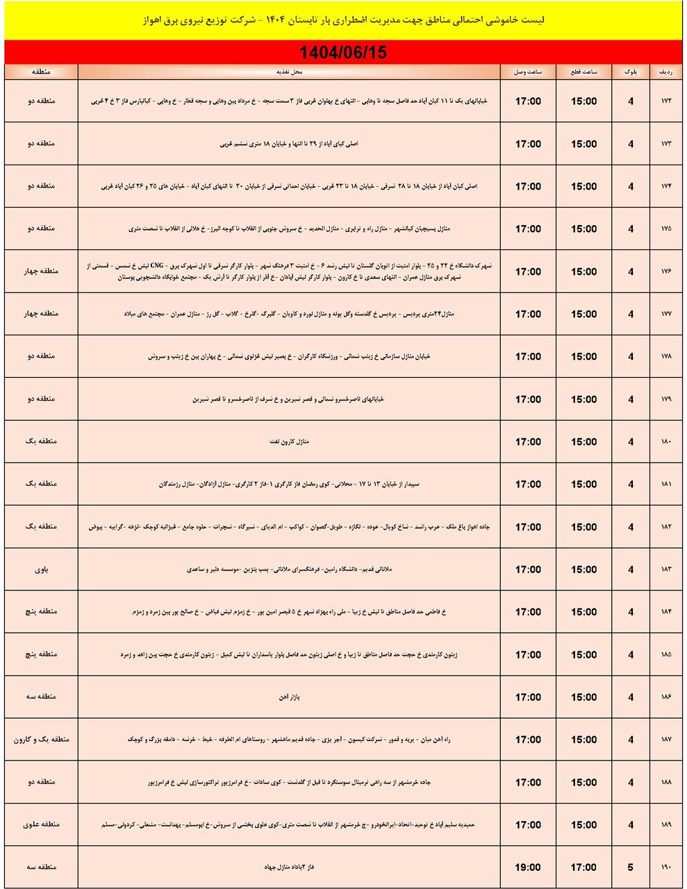 جدول خاموشی جدول خاموشی