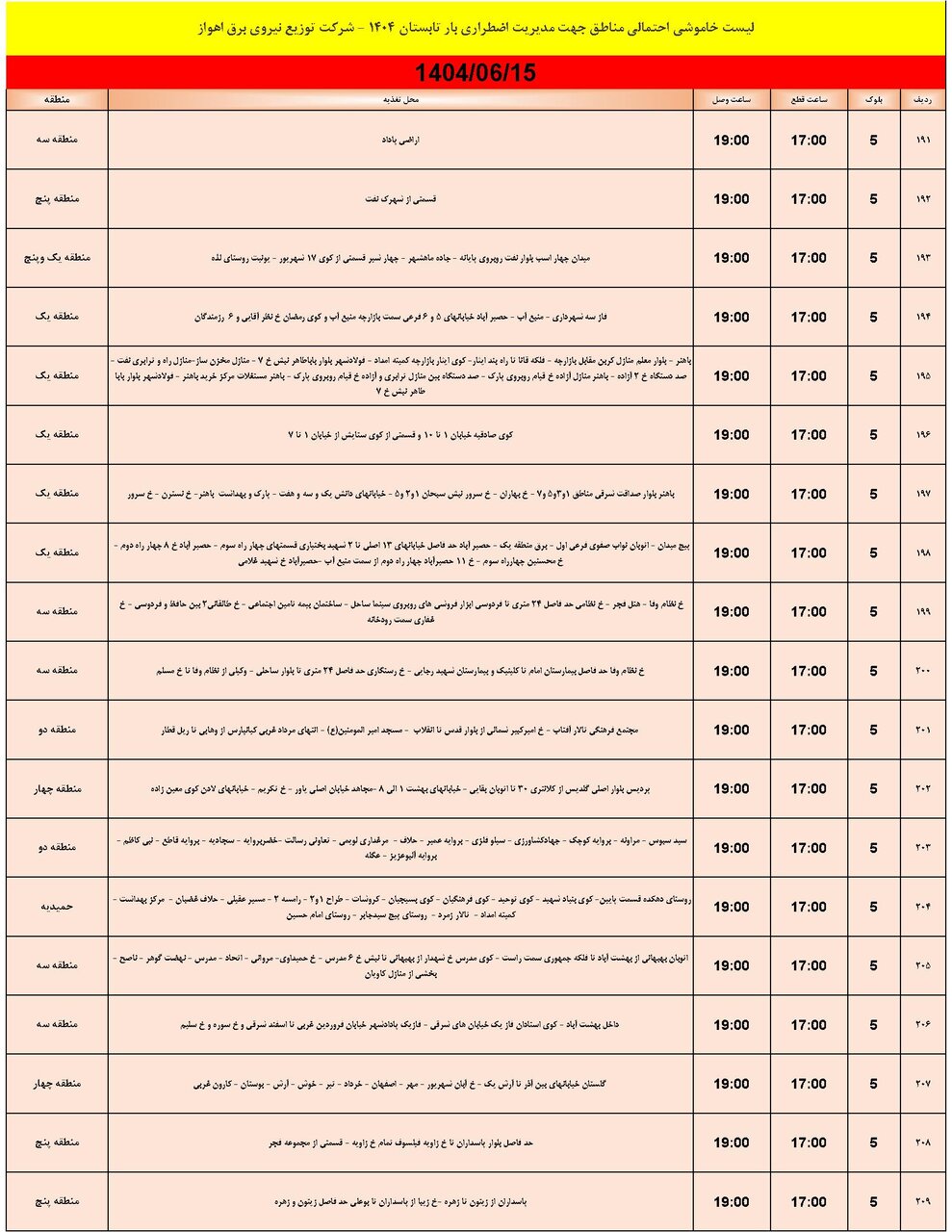 جدول خاموشی جدول خاموشی