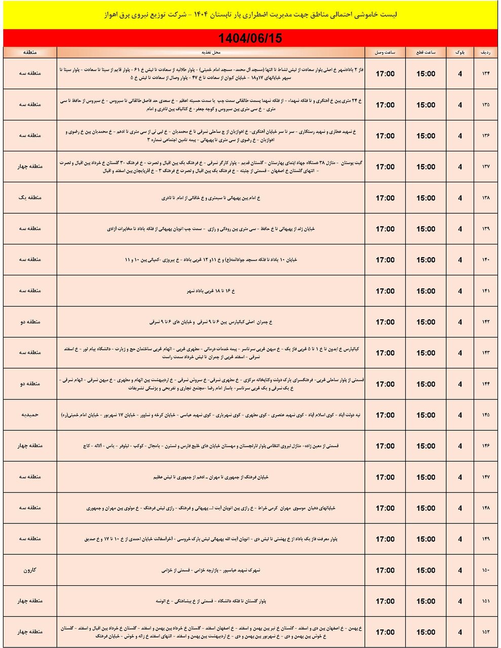 جدول خاموشی جدول خاموشی