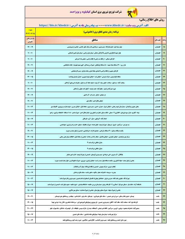 جدول قطعی برق یاسوج، شنبه ۱۵ شهریور ۱۴۰۴ + ساعات خاموشی کهگیلویه و بویراحمد
