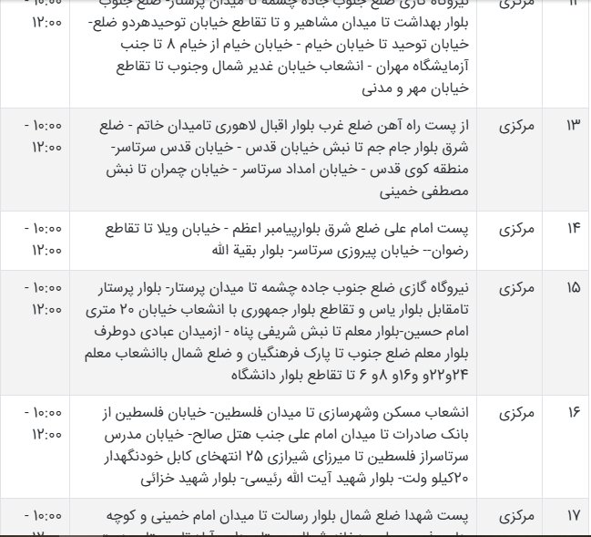 جدول قطعی برق سیستان و بلوچستان امروز شنبه ۱۵ شهریور ۱۴۰۴ + ساعات خاموشی زاهدان