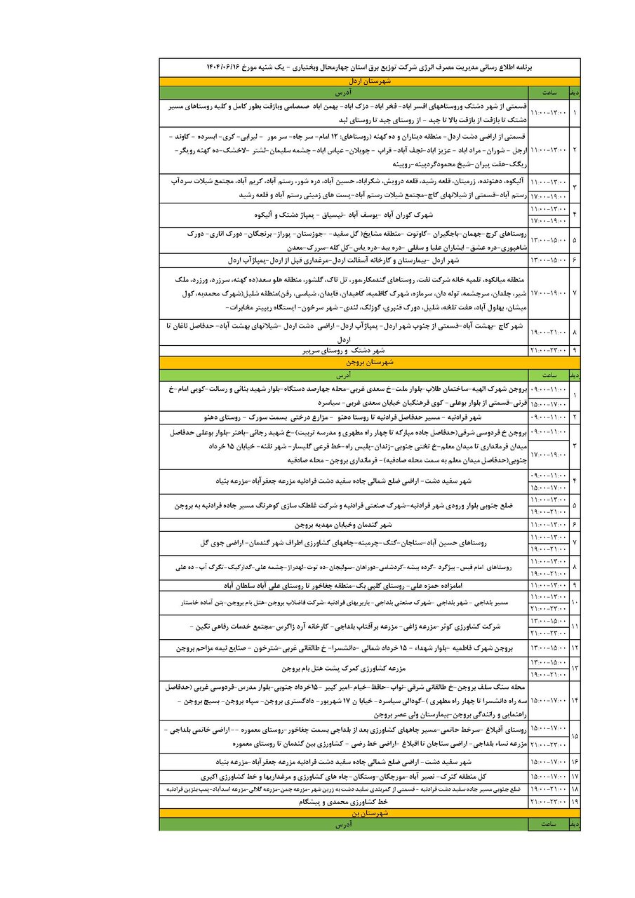 برنامه قطعی برق چهارمحال‌ و بختیاری‌ یکشنبه ۱۶ شهریور + جدول