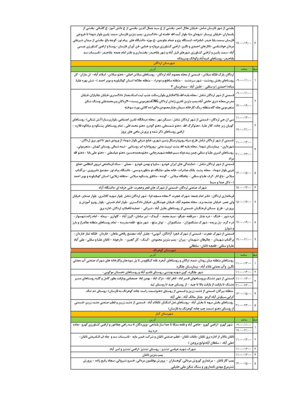 برنامه قطعی برق چهارمحال و بختیاری یکشنبه ۱۶ شهریور + جدول