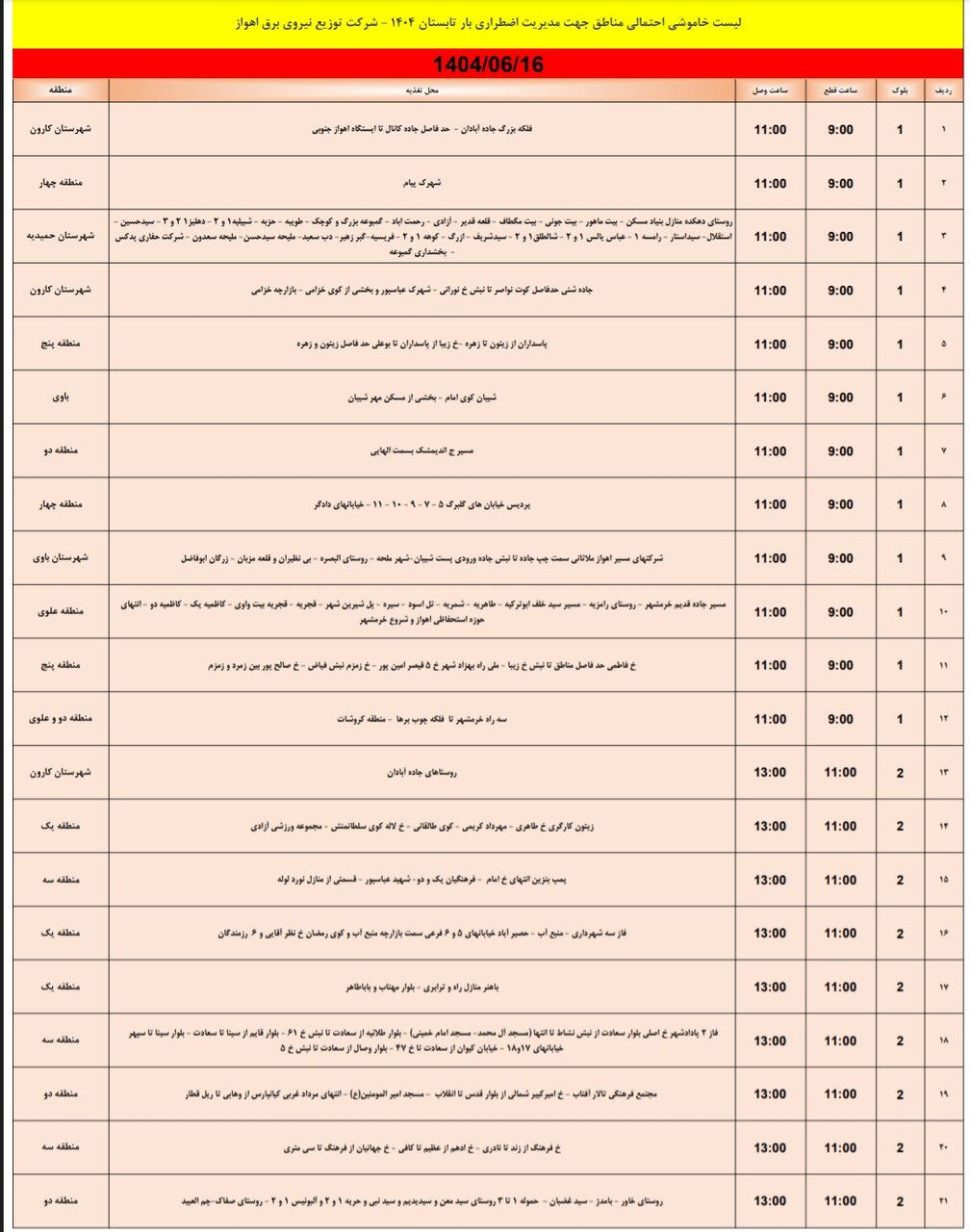 جدول خاموشی اهواز جدول خاموشی اهواز