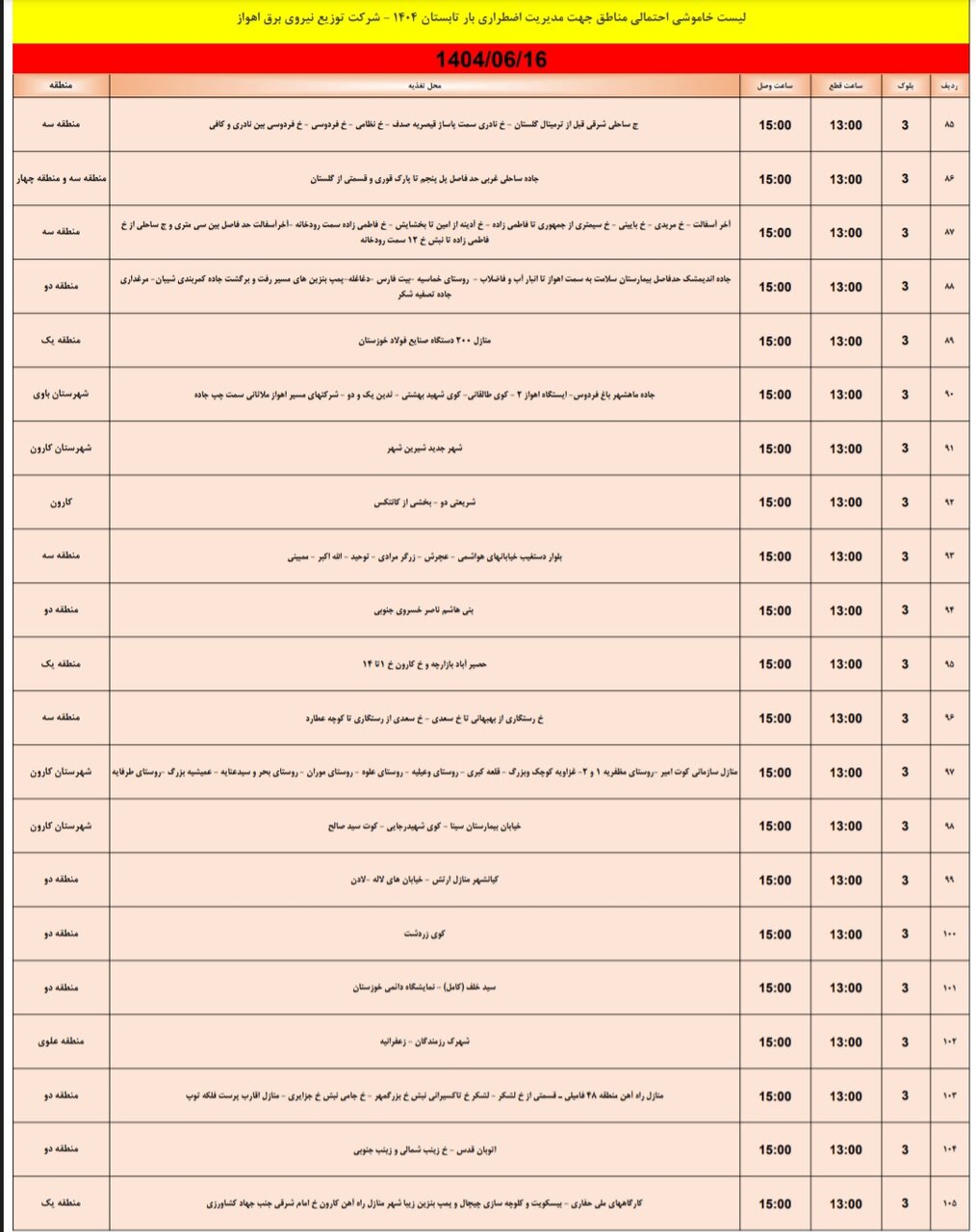 جدول خاموشی اهواز جدول خاموشی اهواز