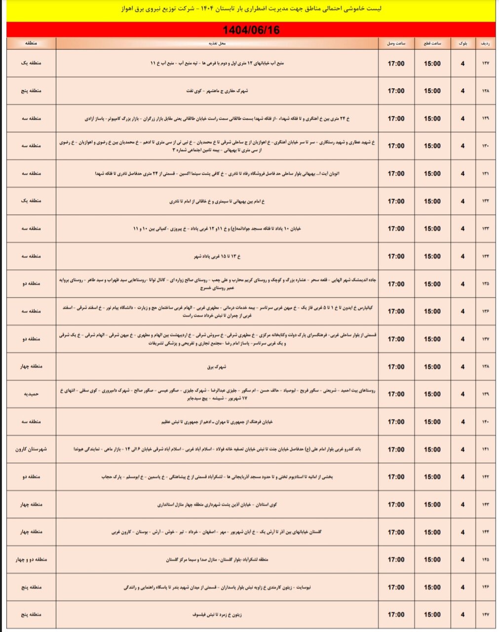 جدول خاموشی اهواز جدول خاموشی اهواز