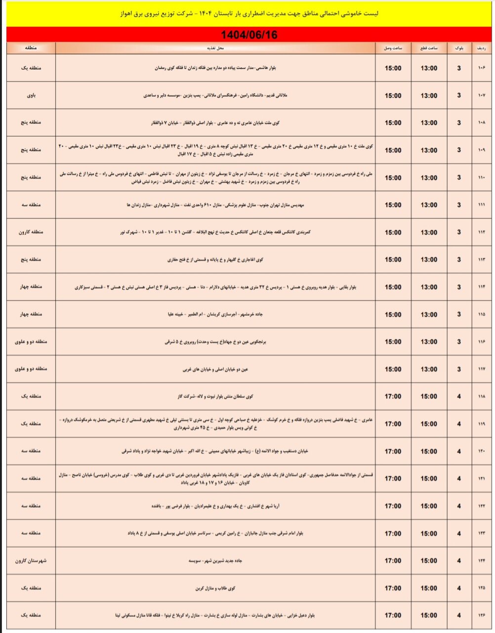 جدول خاموشی اهواز جدول خاموشی اهواز