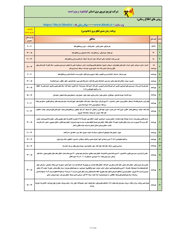 جدول قطعی برق یاسوج یکشنبه ۱۶ شهریور ۱۴۰۴ + ساعات خاموشی کهگیلویه و بویراحمد