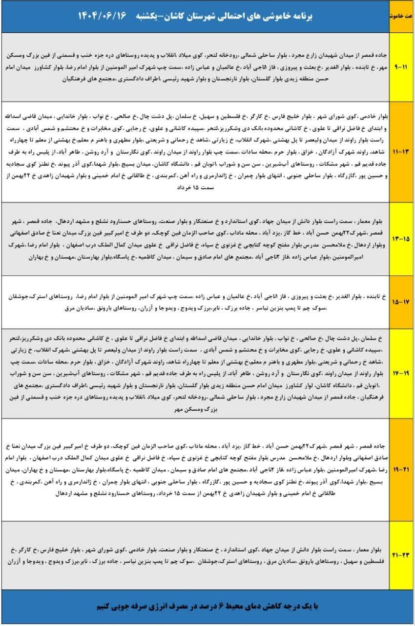 قطعی برق استان اصفهان فردا یکشنبه ۱۶ شهریور ۱۴۰۴ + جدول
