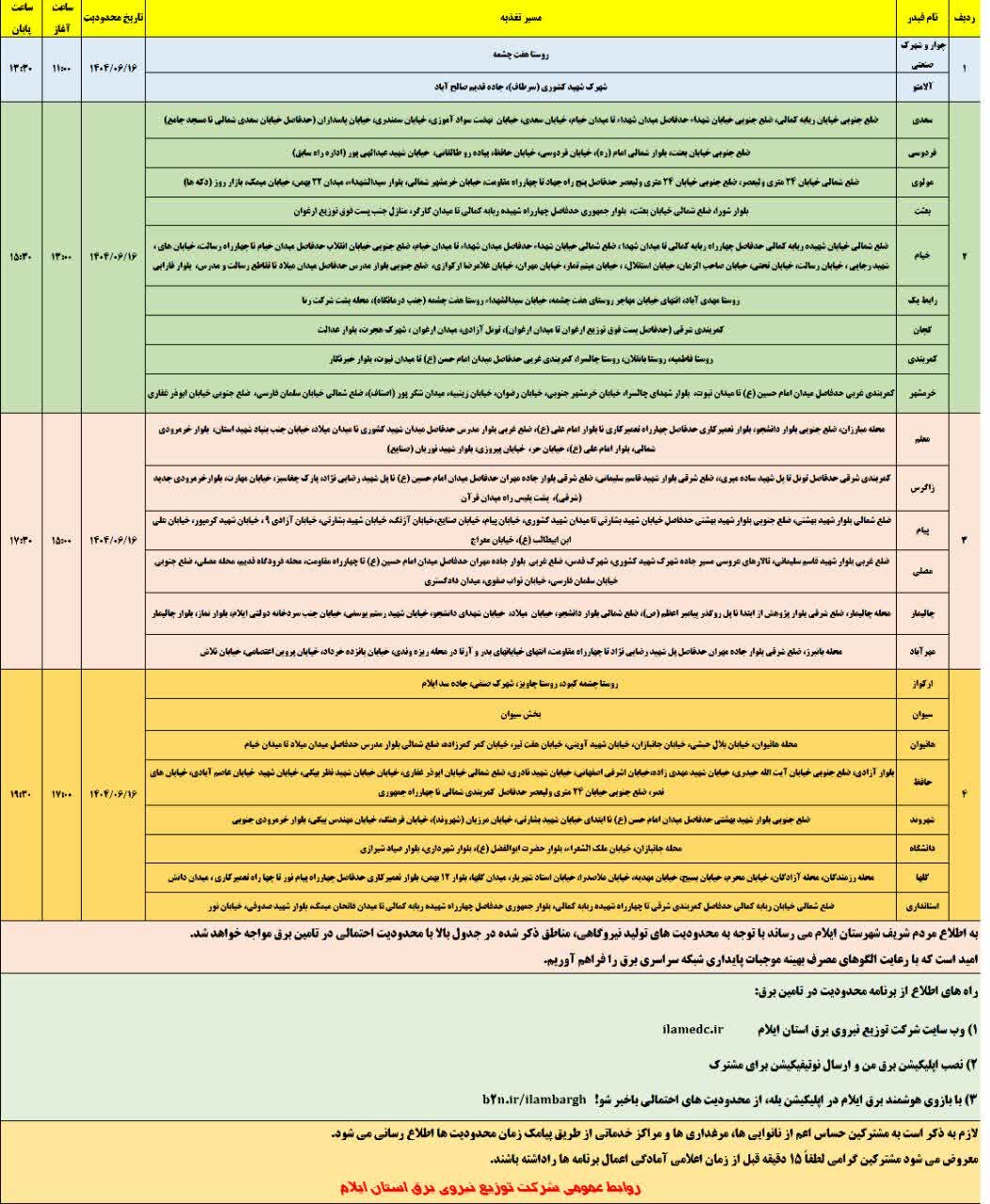 جدول قطعی برق استان ایلام یکشنبه ۱۶ شهریور+ جدول