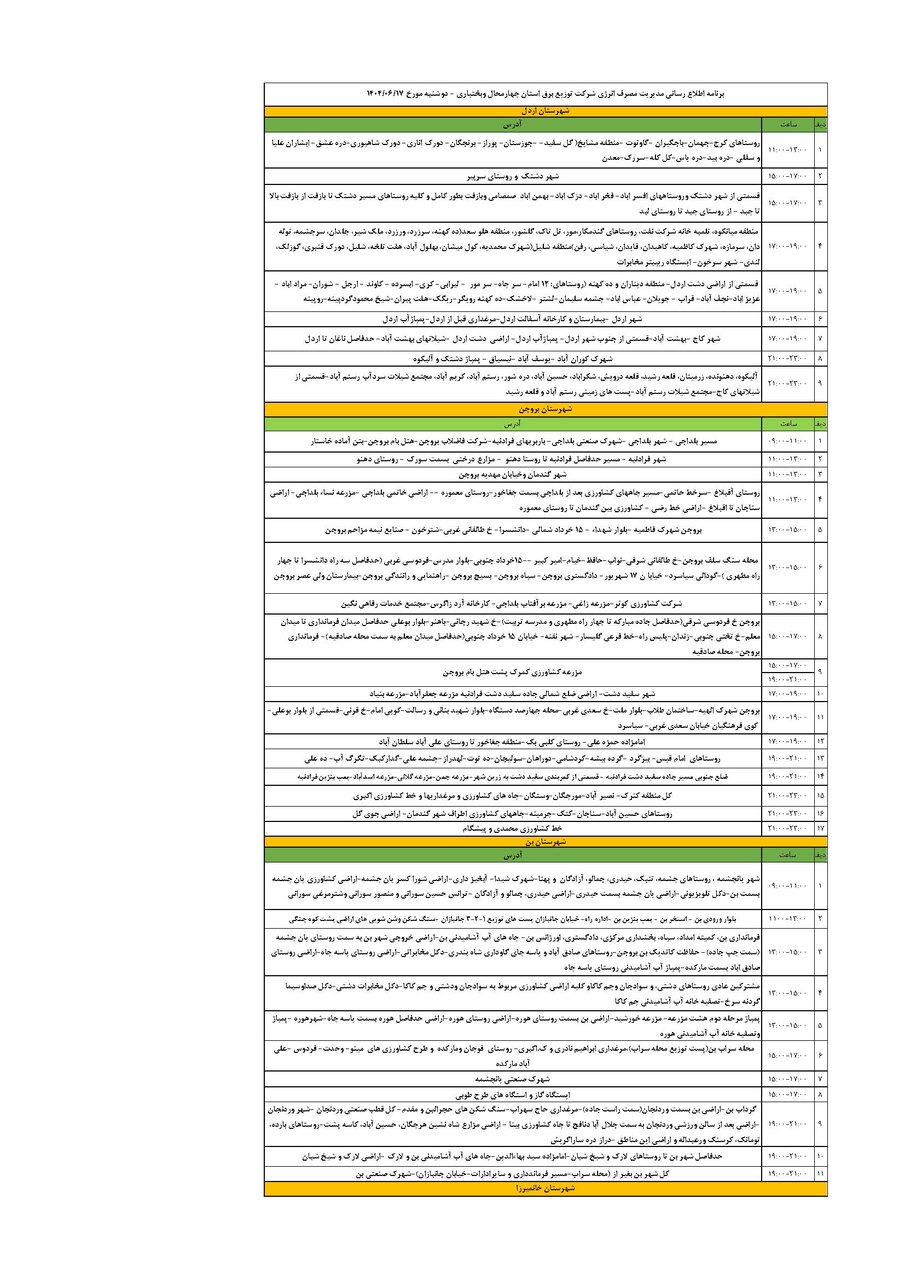 برنامه قطعی برق چهارمحال‌ و بختیاری‌ دوشنبه ۱۷ شهریور + جدول