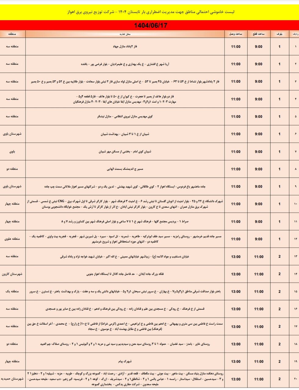 جدول خاموشی برق اهواز یکشنبه ۱۷ شهریور