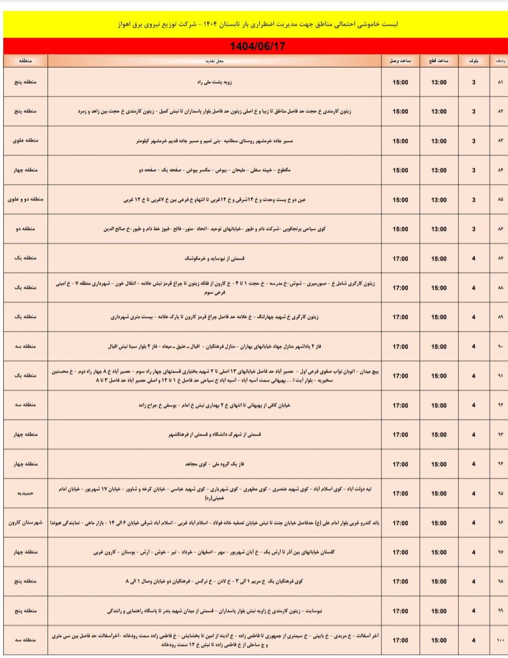 جدول خاموشی برق اهواز یکشنبه ۱۷ شهریور