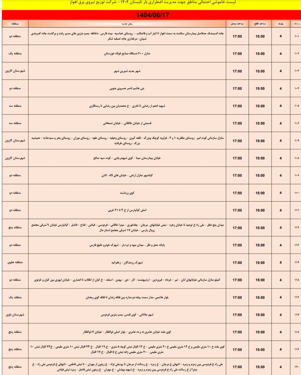 جدول خاموشی برق اهواز یکشنبه ۱۷ شهریور