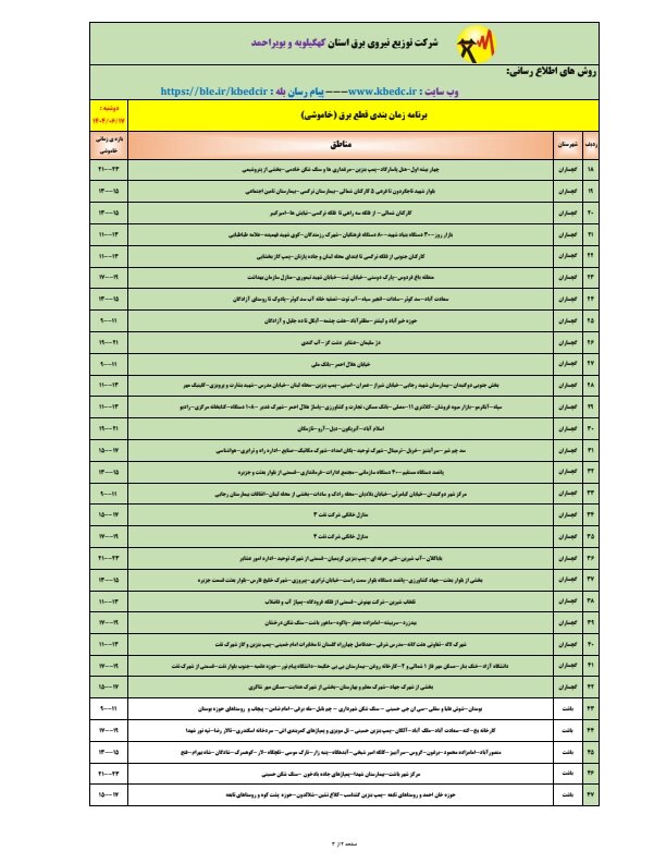 جدول قطعی برق یاسوج دوشنبه ۱۷ شهریور ۱۴۰۴ + ساعات خاموشی کهگیلویه و بویراحمد