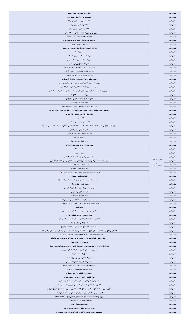 جدول خاموشی برق مناطق البرز دوشنبه ۱۷ شهریور