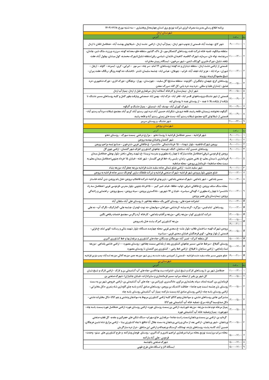 برنامه قطعی برق چهارمحال‌ و بختیاری‌ سه شنبه ۱۸ شهریور + جدول