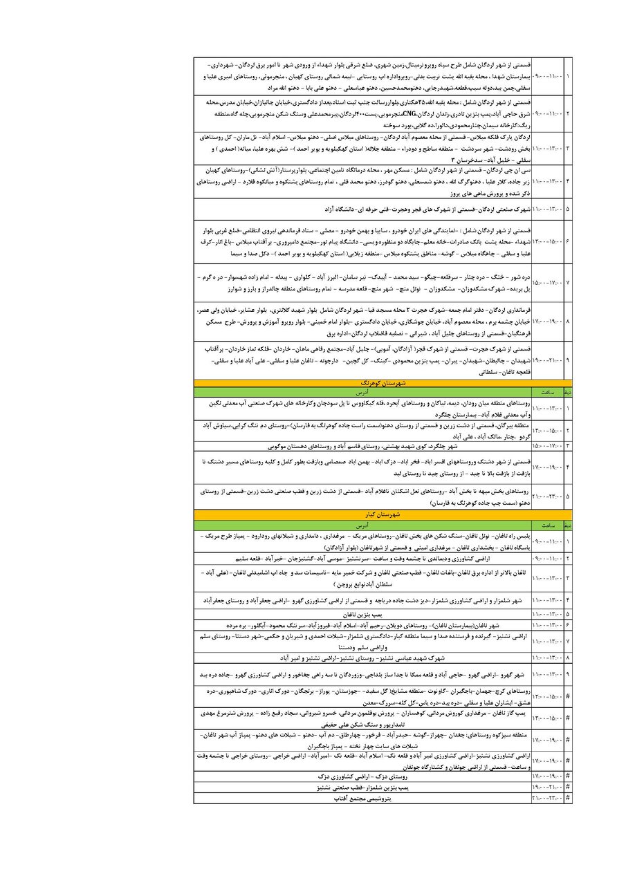 برنامه قطعی برق چهارمحال و بختیاری سه شنبه ۱۸ شهریور + جدول