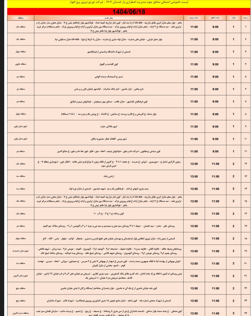 جدول خاموش برق اهواز سه‌ شنبه ۱۸ شهریور