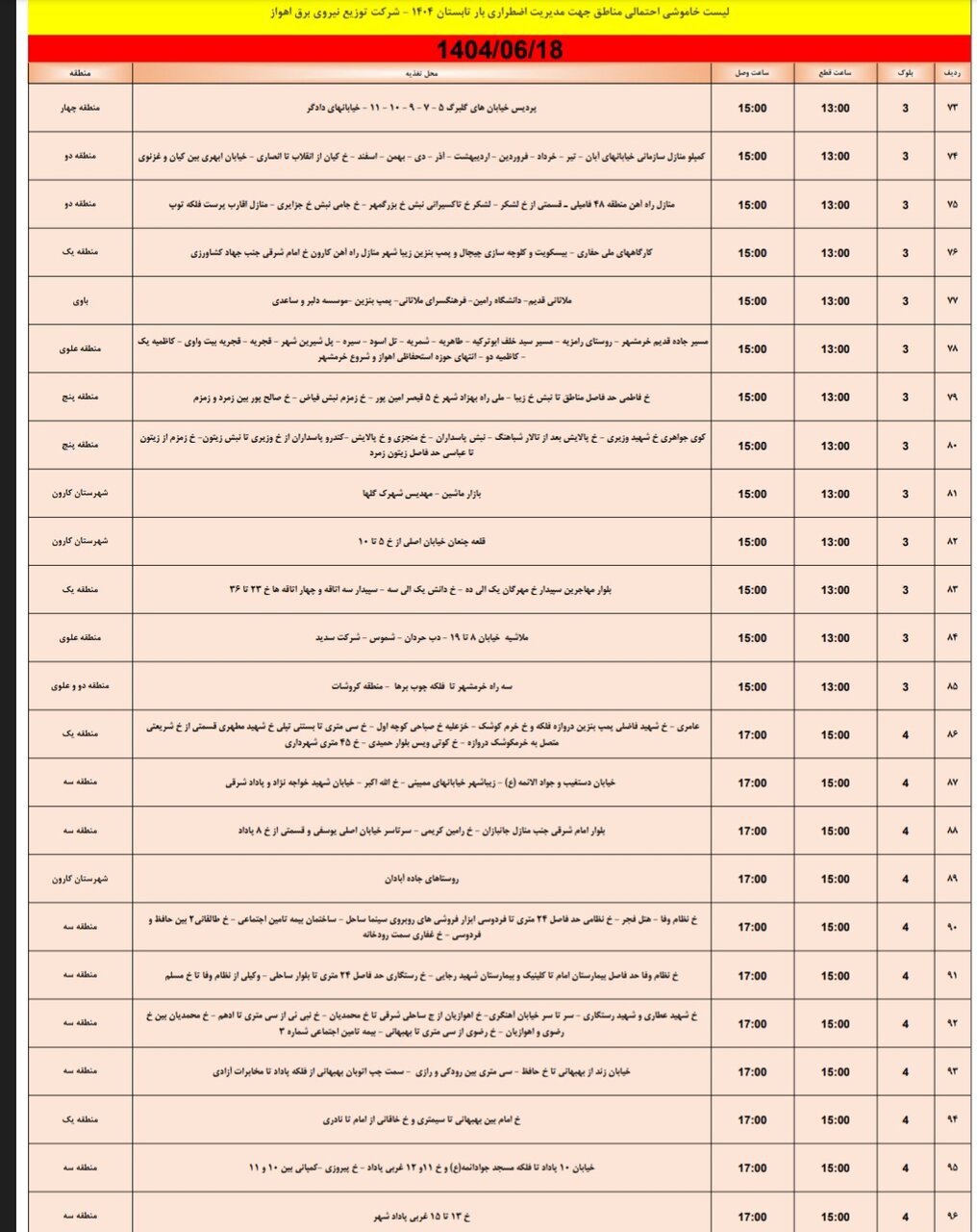 جدول خاموش برق اهواز سه‌ شنبه ۱۸ شهریور