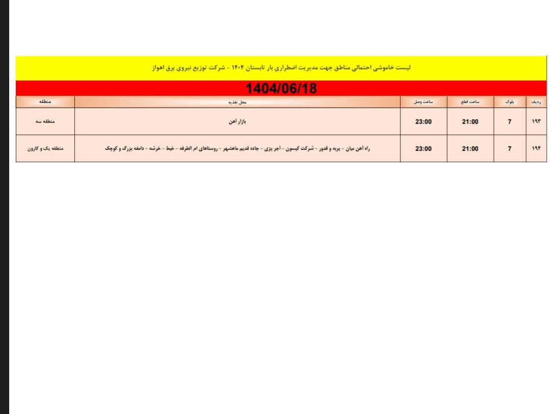 جدول خاموش برق اهواز سه شنبه ۱۸ شهریور