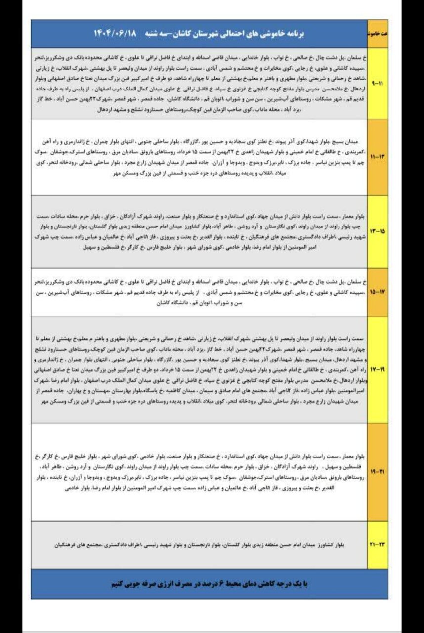 قطعی برق استان اصفهان فردا سه شنبه ۱۸ شهریور ۱۴۰۴ + جدول