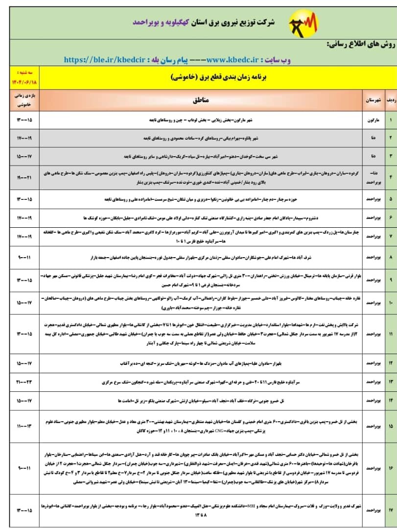 جدول قطعی برق یاسوج سه‌ شنبه ۱۸ شهریور ۱۴۰۴ + ساعات خاموشی کهگیلویه و بویراحمد