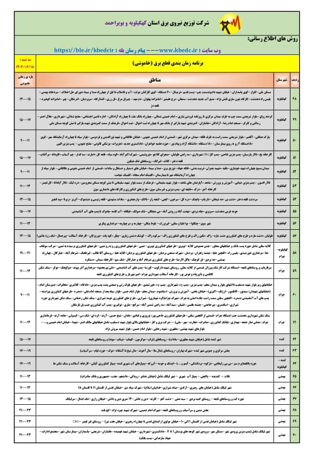 جدول قطعی برق یاسوج سه‌ شنبه ۱۸ شهریور ۱۴۰۴ + ساعات خاموشی کهگیلویه و بویراحمد