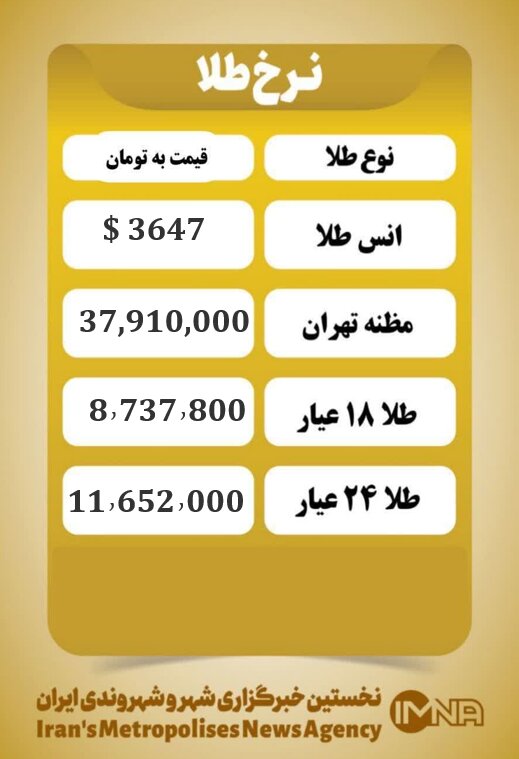 قیمت طلا امروز سه شنبه ۱۸ شهریور ۱۴۰۴