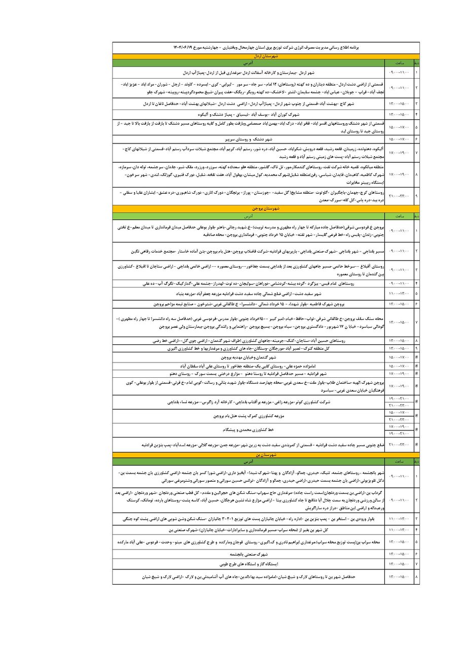 برنامه قطعی برق چهارمحال‌ و بختیاری‌ چهارشنبه ۱۹ شهریور + جدول