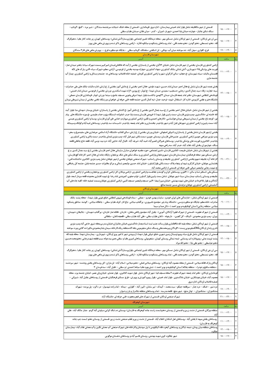 برنامه قطعی برق چهارمحال‌ و بختیاری‌ چهارشنبه ۱۹ شهریور + جدول
