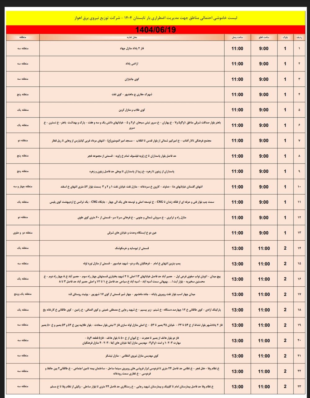 جدول خاموشی برق اهواز چهارشنبه ۱۹ شهریور