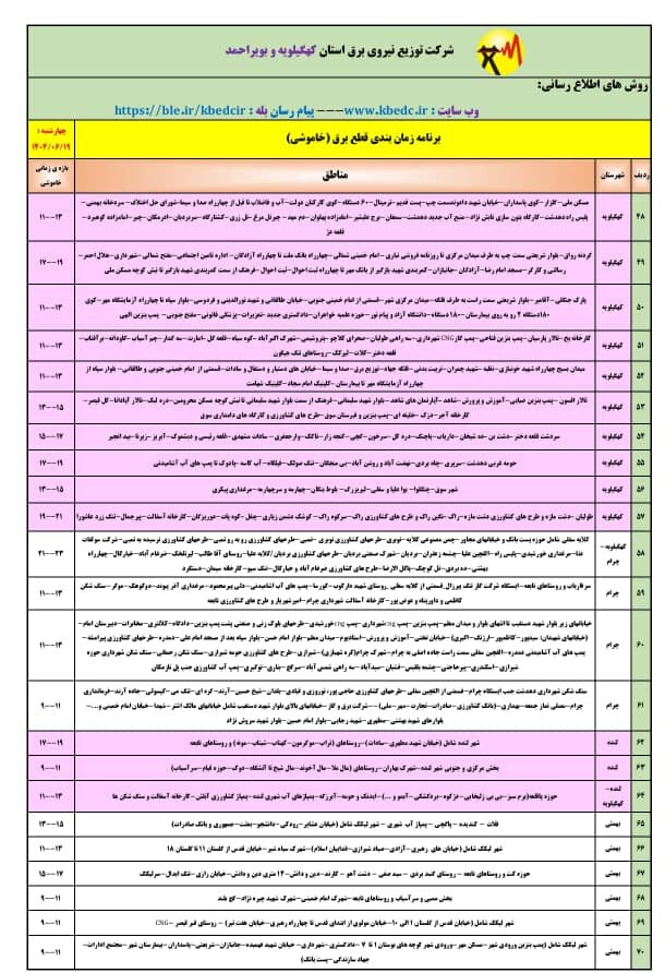 جدول قطعی برق یاسوج چهارشنبه ۱۹ شهریور ۱۴۰۴ + ساعات خاموشی کهگیلویه و بویراحمد