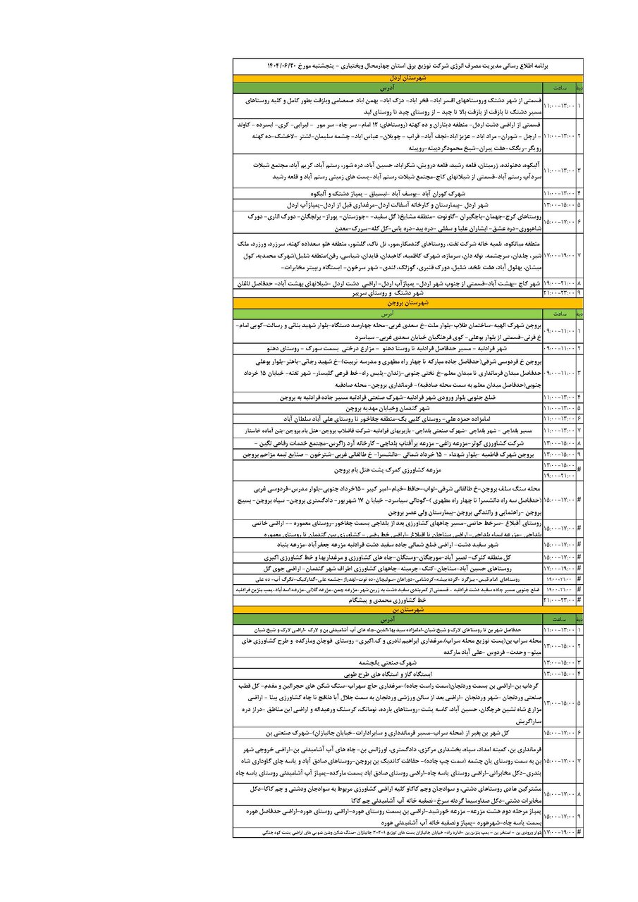 برنامه قطعی برق چهارمحال‌ و بختیاری‌ پنجشنبه  ۲۰ شهریور + جدول