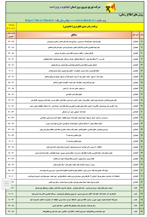 جدول قطعی برق یاسوج پنجشنبه ۲۰ شهریور ۱۴۰۴ + ساعات خاموشی کهگیلویه و بویراحمد