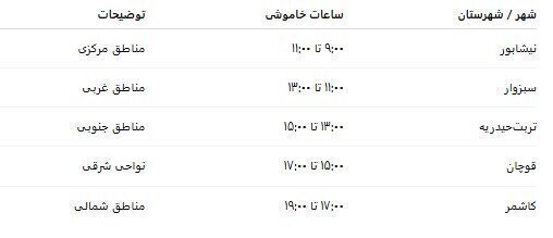 جدول خاموشی‌های امروز شنبه ۸ شهریور ۱۴۰۴ در خراسان رضوی+ قطعی برق شهرستان‌ها
