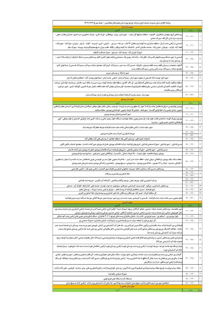 برنامه قطعی برق چهارمحال‌ و بختیاری‌ جمعه ۲۱ شهریور + جدول