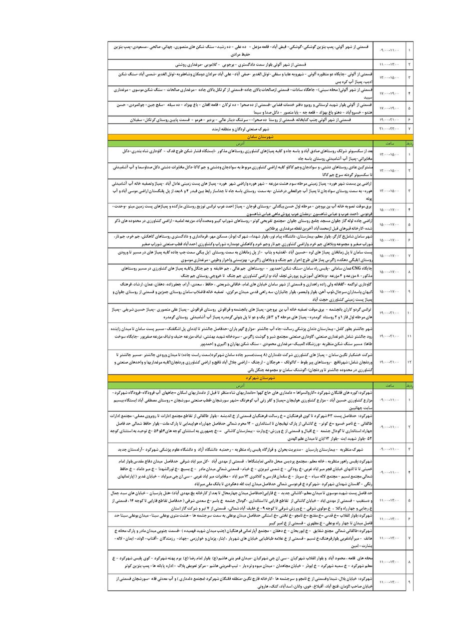 برنامه قطعی برق چهارمحال‌ و بختیاری‌ جمعه ۲۱ شهریور + جدول