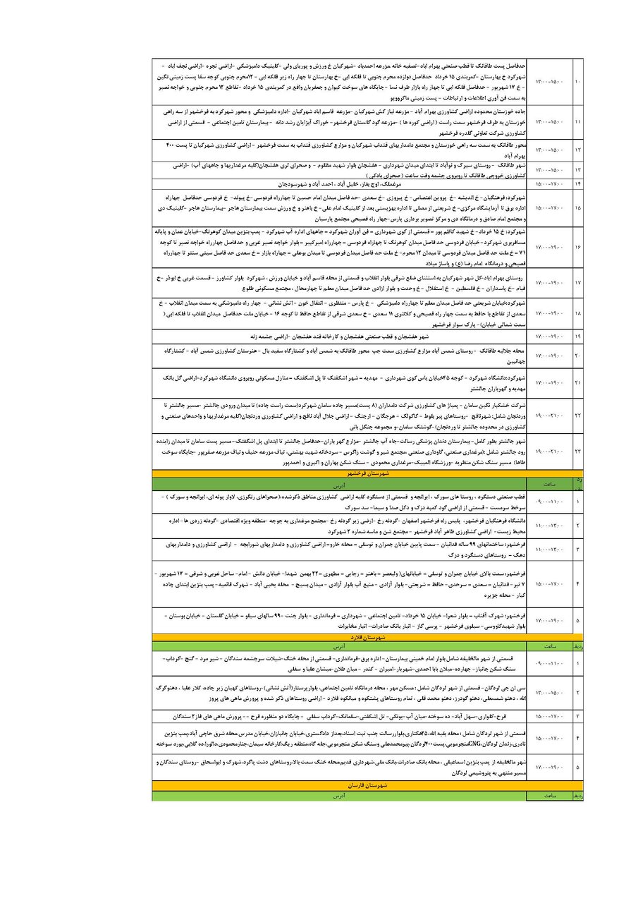 برنامه قطعی برق چهارمحال‌ و بختیاری‌ جمعه ۲۱ شهریور + جدول