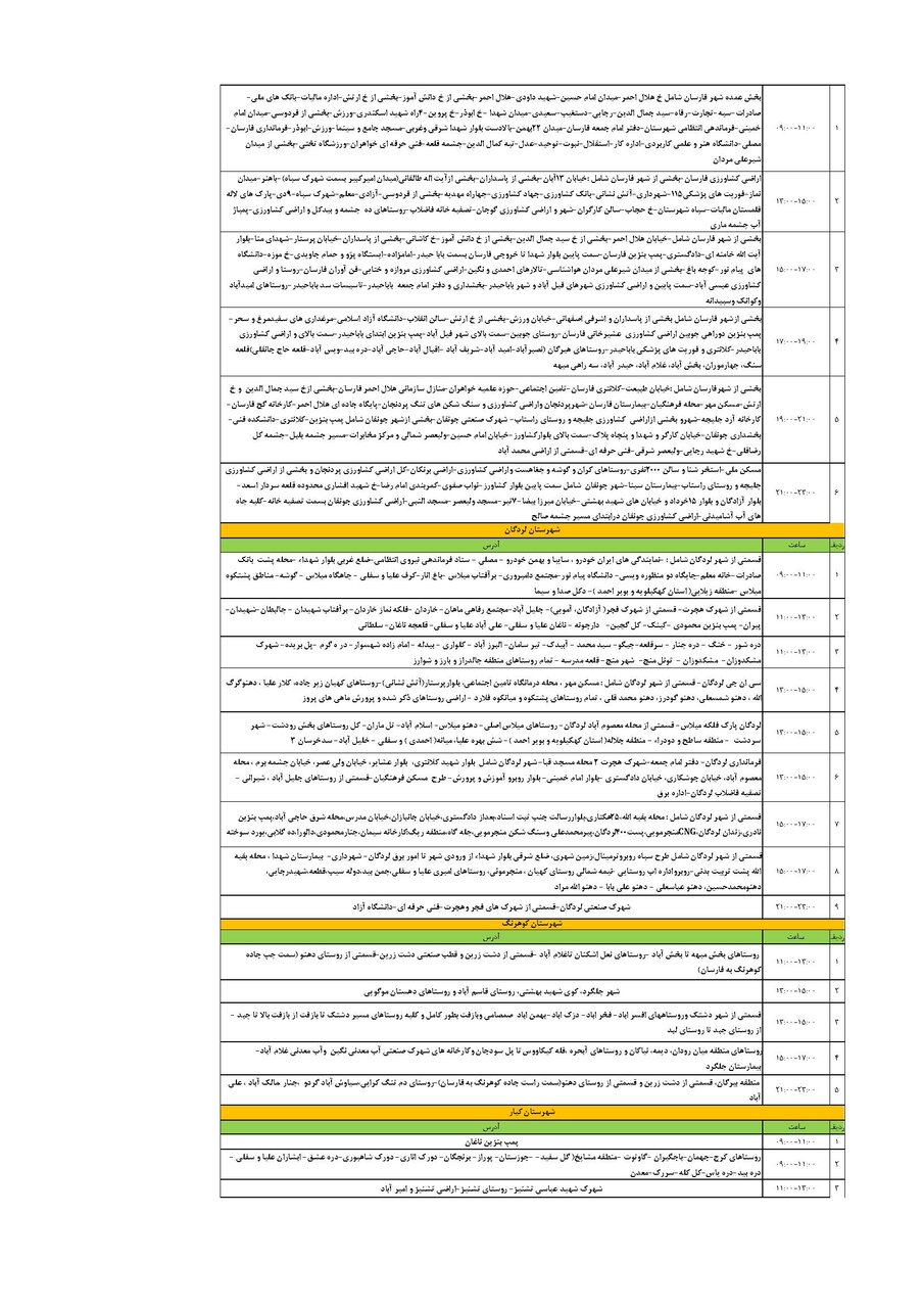 برنامه قطعی برق چهارمحال‌ و بختیاری‌ جمعه ۲۱ شهریور + جدول