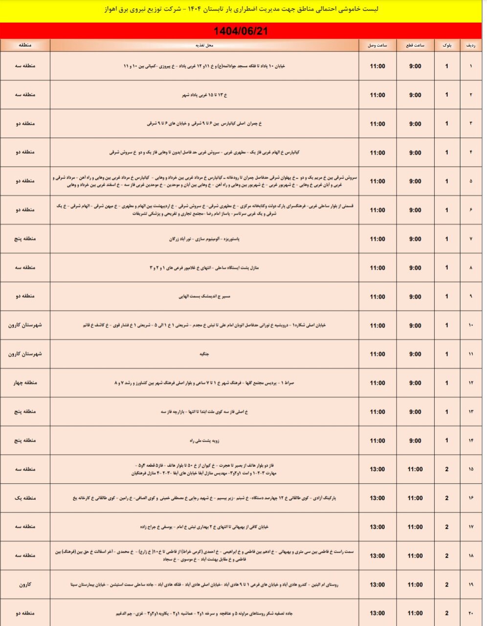 جدول خاموشی برق اهواز جمعه ۲۱ شهریور